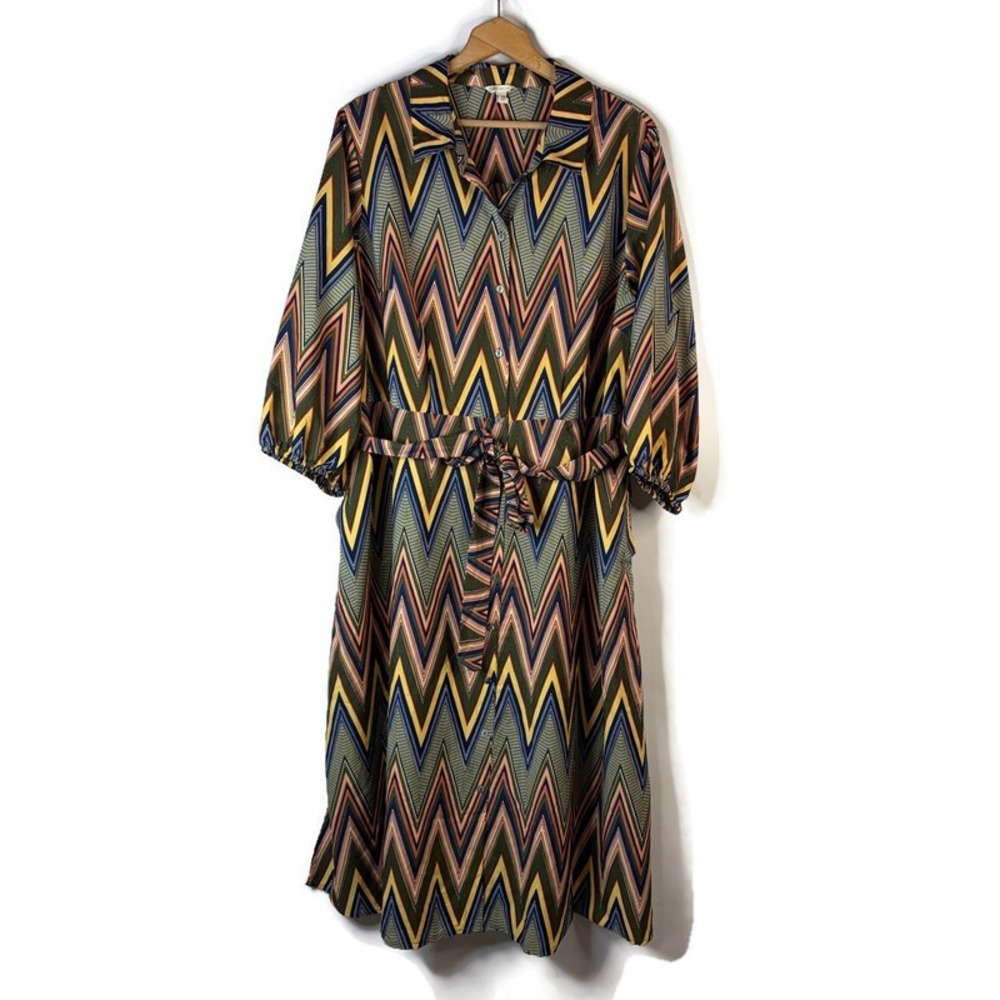 Cato Shirt Dress Womens 22/24W Multicolor Chevron Zigzag Midi Pockets Tie Waist